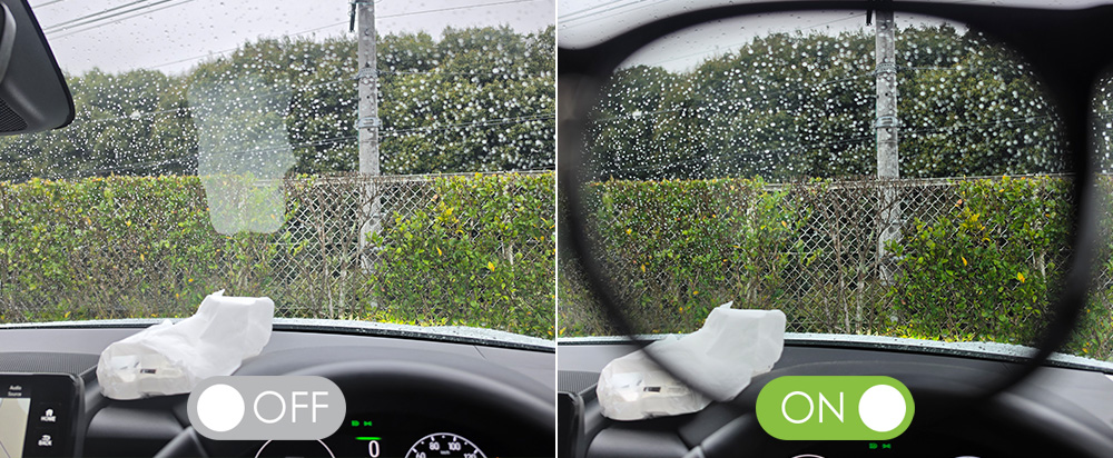 偏光調光グラス着用時の車内の見え方。ダッシュボードの映り込みが軽減されたイメージ