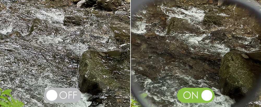 偏光調光グラスで水面のギラつきが抑えられ、水辺の岩や水の中が見やすくなったイメージ