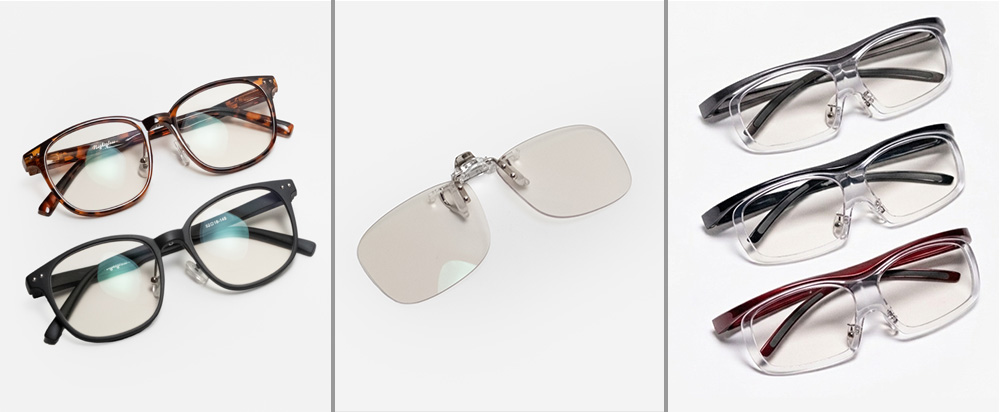 ナイトグラスLED3タイプの比較画像。左からスマート、クリアジャケット、フリー。
