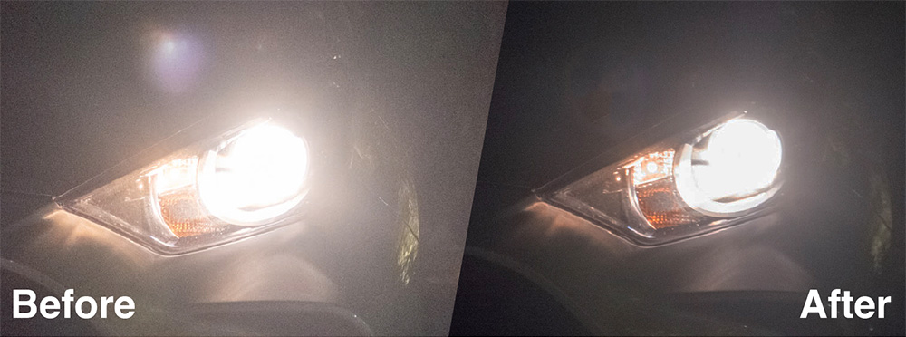 夜間用レンズ使用前(Before)と使用後(After)のLEDヘッドライトの眩しさ軽減効果のシミュレーション比較。