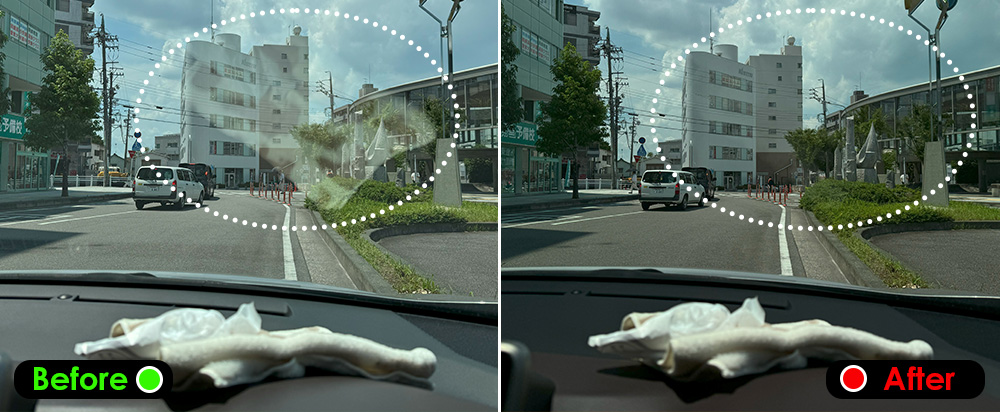 夏のドライブ中のフロントガラスへのダッシュボード映り込み比較。左のレンズなし（Before）では白く反射しているが、右の偏光レンズ越し（After）では反射が消えて前方の路面がクリアに見えている様子。